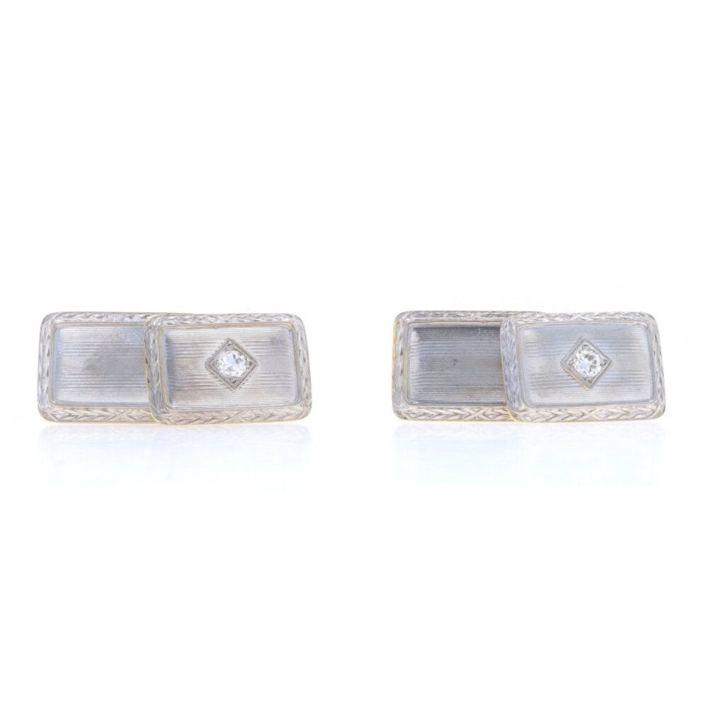 Yellow Gold Diamond Art Deco Men's Cufflinks -14k European .30ctw Etched Vintage